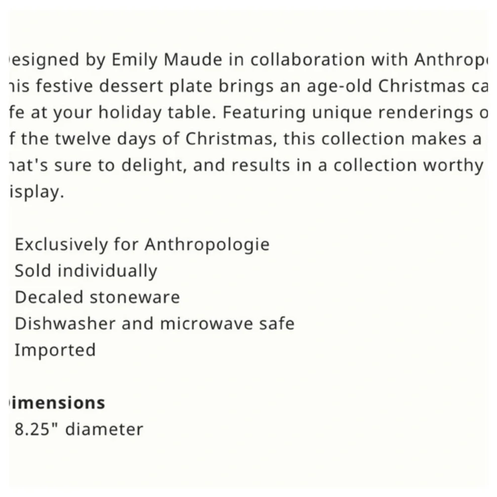 NIB Anthro Emily Maude 12 Days of Christmas 12 Drummers Drumming Dessert Plate